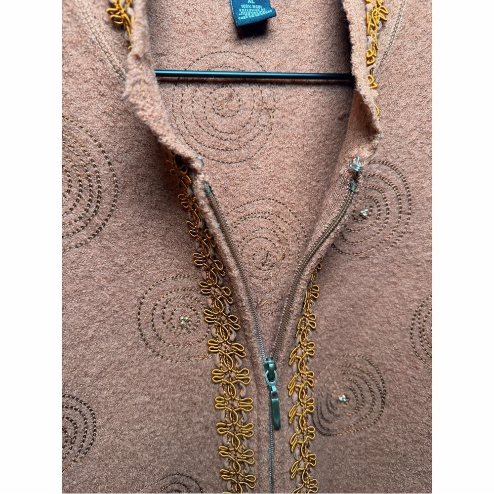 Boho Artisan 100% Wool Zip Jacket Embellished Brown Rust Statement Cardigan | XL - Picture 11 of 13